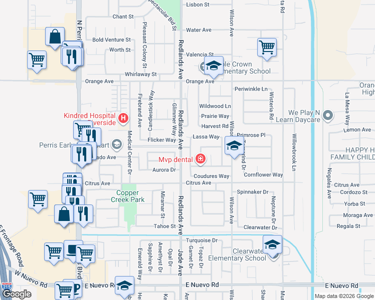 map of restaurants, bars, coffee shops, grocery stores, and more near 2163 Glimmer Way in Perris