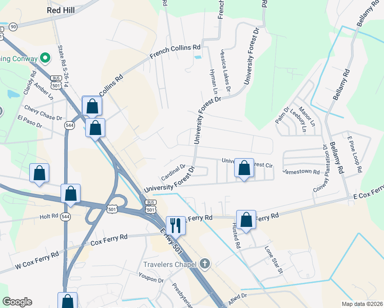 map of restaurants, bars, coffee shops, grocery stores, and more near 807 Esther Court in Conway