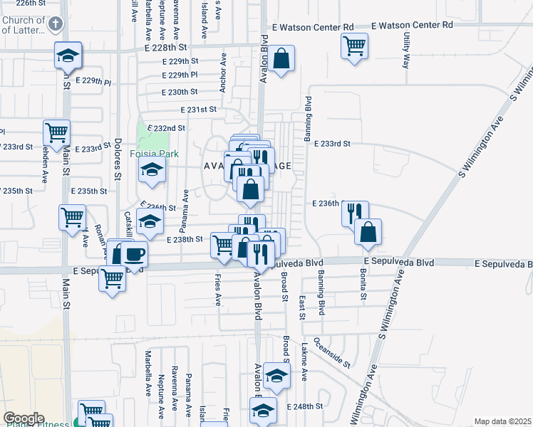 map of restaurants, bars, coffee shops, grocery stores, and more near 7 Dovecote Lane in Carson