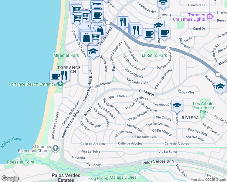 map of restaurants, bars, coffee shops, grocery stores, and more near 320 Calle Mayor in Redondo Beach