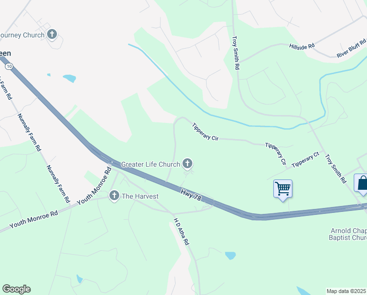map of restaurants, bars, coffee shops, grocery stores, and more near 1702 Tipperary Circle in Monroe