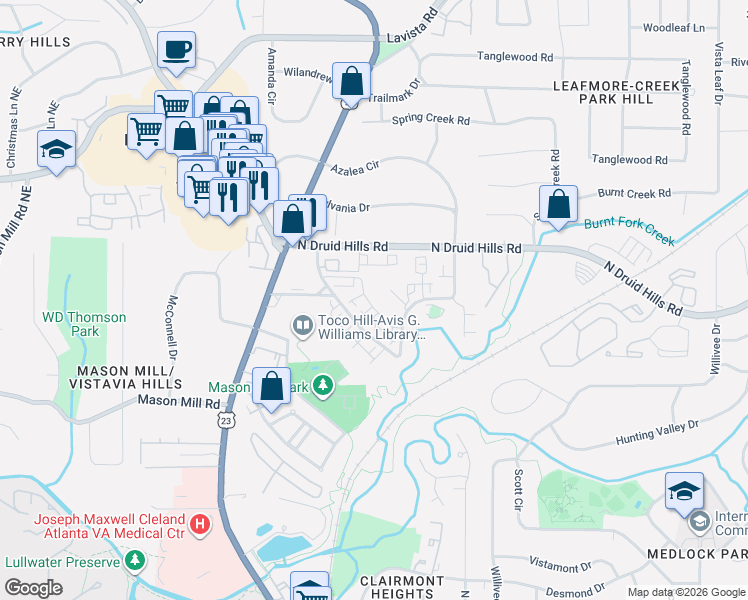 map of restaurants, bars, coffee shops, grocery stores, and more near 1095 North Jamestown Road in Decatur