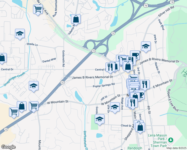 map of restaurants, bars, coffee shops, grocery stores, and more near 5175 Central Drive in Stone Mountain