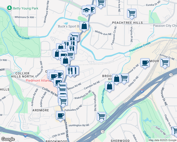 map of restaurants, bars, coffee shops, grocery stores, and more near 40 Peachtree Valley Road Northeast in Atlanta