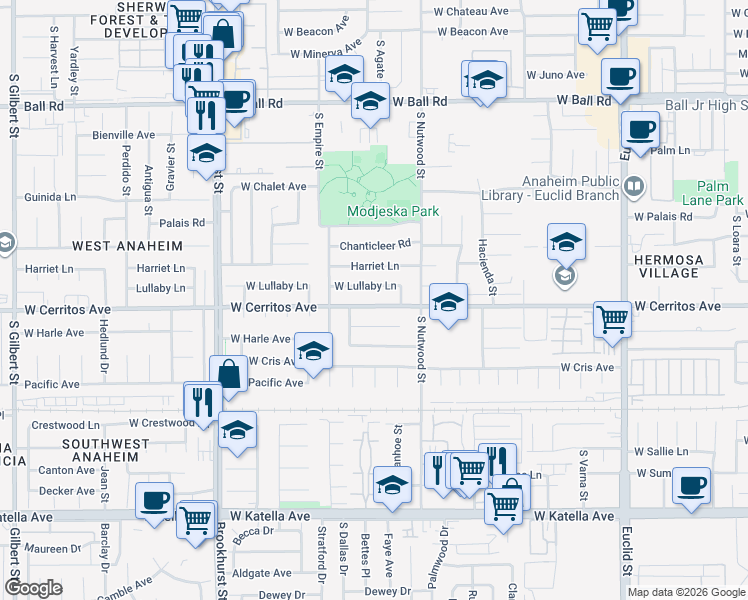 map of restaurants, bars, coffee shops, grocery stores, and more near 1945 West Lullaby Lane in Anaheim
