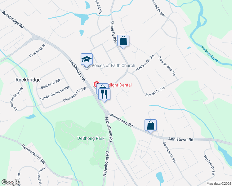 map of restaurants, bars, coffee shops, grocery stores, and more near 2576 Delridge Drive Southwest in Lilburn