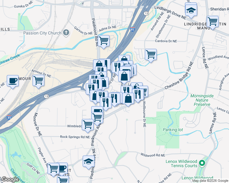 map of restaurants, bars, coffee shops, grocery stores, and more near 580 Bismark Road Northeast in Atlanta