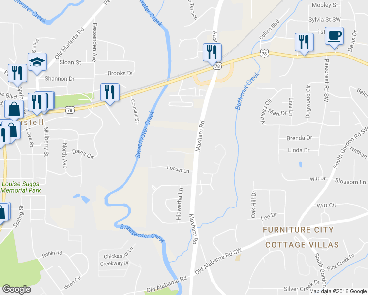 map of restaurants, bars, coffee shops, grocery stores, and more near 2274 Salt Springs Place in Mableton