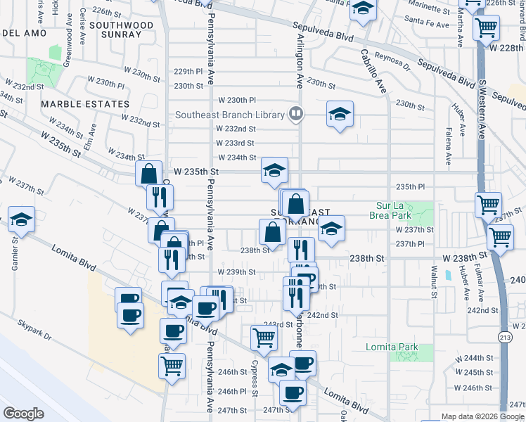 map of restaurants, bars, coffee shops, grocery stores, and more near 2265 West 236th Place in Torrance
