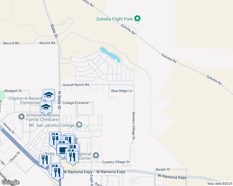 map of restaurants, bars, coffee shops, grocery stores, and more near 328 Blue Ridge Lane in San Jacinto