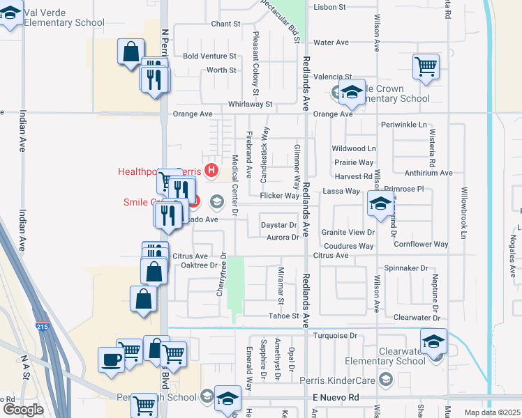 map of restaurants, bars, coffee shops, grocery stores, and more near 282 Morning Sky Drive in Perris