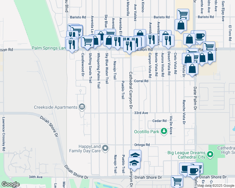 map of restaurants, bars, coffee shops, grocery stores, and more near 32608 Navajo Trail in Cathedral City
