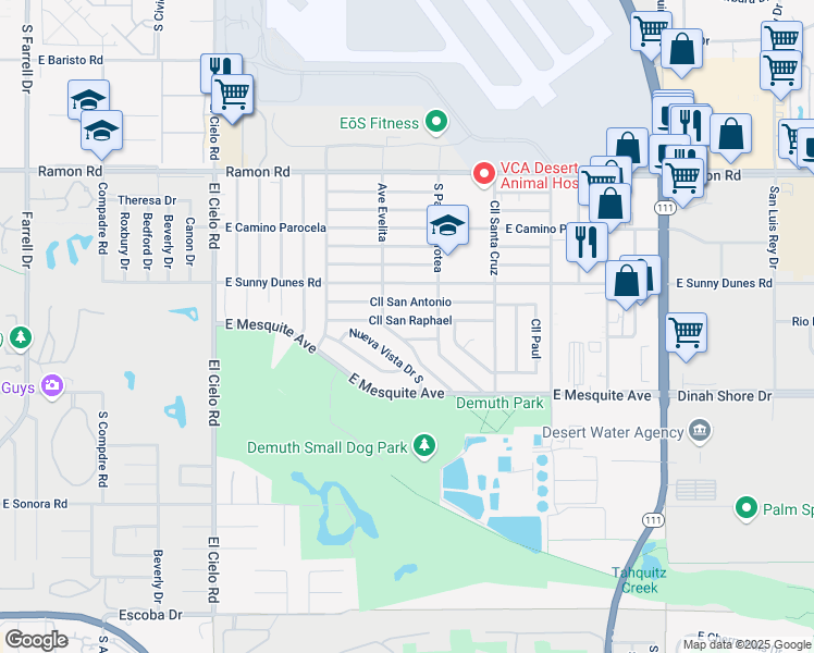 map of restaurants, bars, coffee shops, grocery stores, and more near 3933 Calle San Antonio in Palm Springs