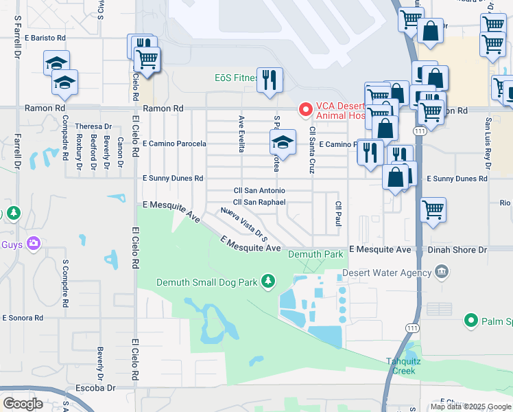 map of restaurants, bars, coffee shops, grocery stores, and more near 3933 Calle San Antonio in Palm Springs