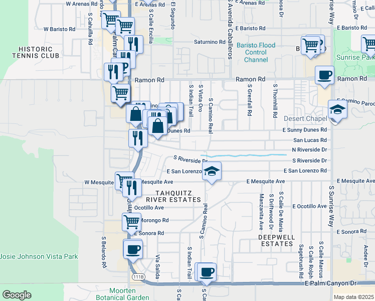 map of restaurants, bars, coffee shops, grocery stores, and more near 750 South Calle Palo Fierro in Palm Springs