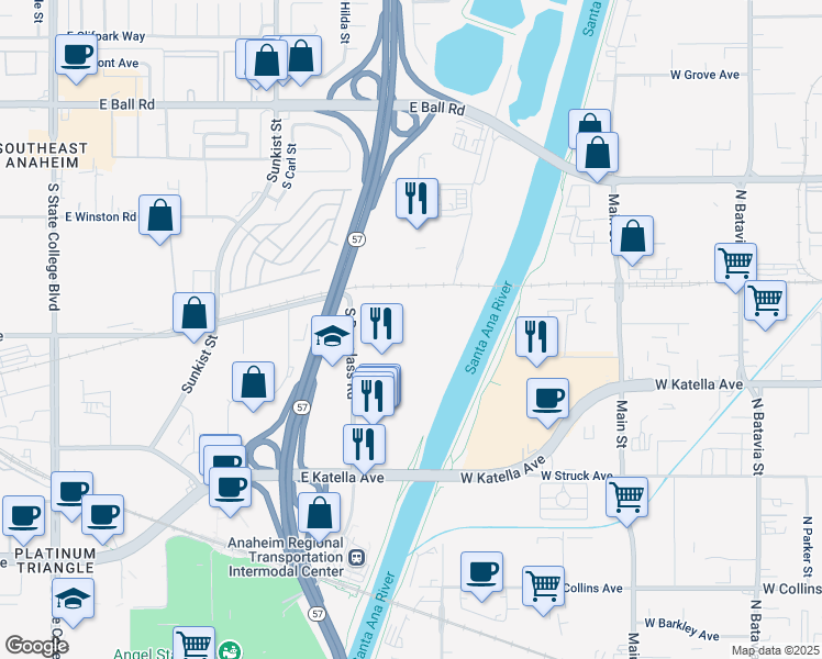 map of restaurants, bars, coffee shops, grocery stores, and more near 1400 South Douglass Road in Anaheim
