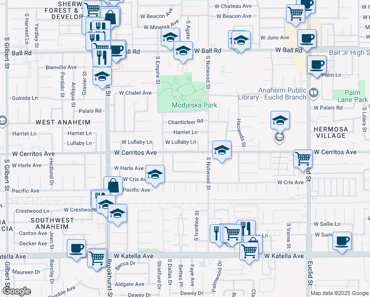 map of restaurants, bars, coffee shops, grocery stores, and more near 1945 West Lullaby Lane in Anaheim