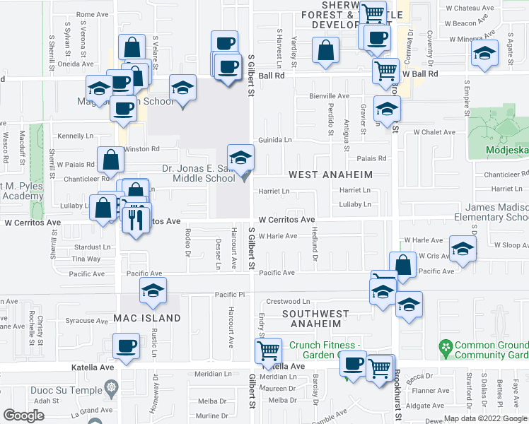 map of restaurants, bars, coffee shops, grocery stores, and more near 10412 Gilbert Street in Anaheim