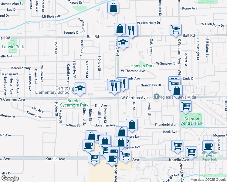 map of restaurants, bars, coffee shops, grocery stores, and more near 10431 Knott Avenue in Stanton