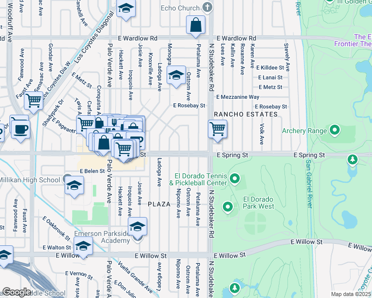 map of restaurants, bars, coffee shops, grocery stores, and more near 3026 Ostrom Avenue in Long Beach