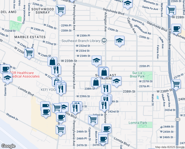 map of restaurants, bars, coffee shops, grocery stores, and more near 2250 West 235th Street in Torrance