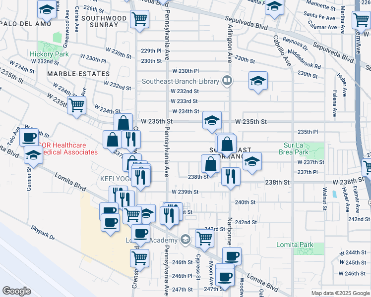 map of restaurants, bars, coffee shops, grocery stores, and more near 2355 West 236th Street in Torrance