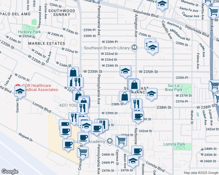 map of restaurants, bars, coffee shops, grocery stores, and more near 2355 West 236th Street in Torrance