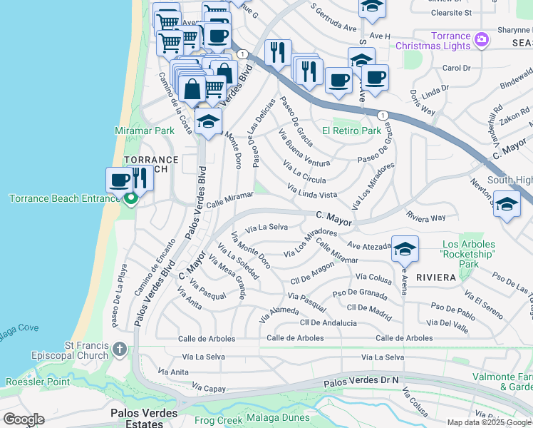 map of restaurants, bars, coffee shops, grocery stores, and more near 640 Calle Miramar in Redondo Beach