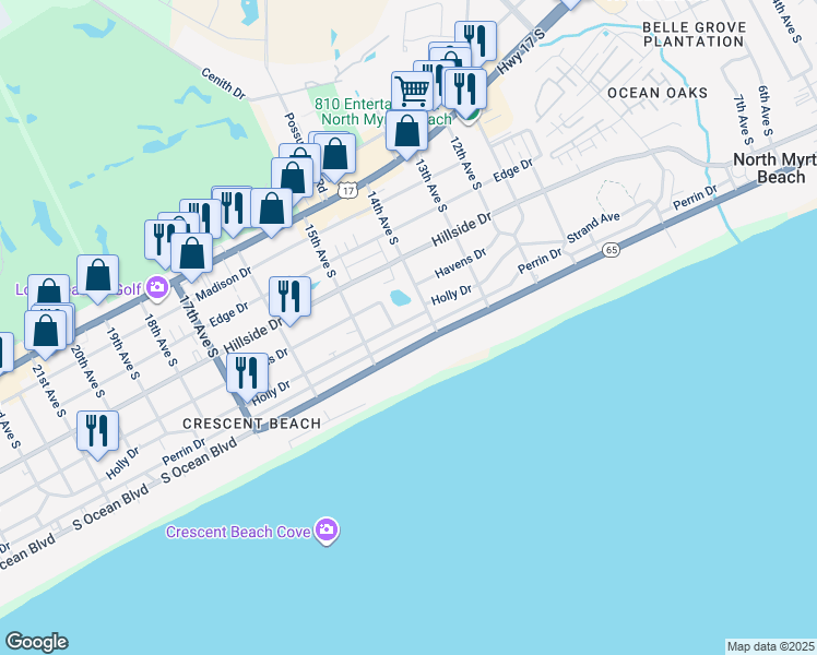 map of restaurants, bars, coffee shops, grocery stores, and more near 1402 Holly Drive in North Myrtle Beach