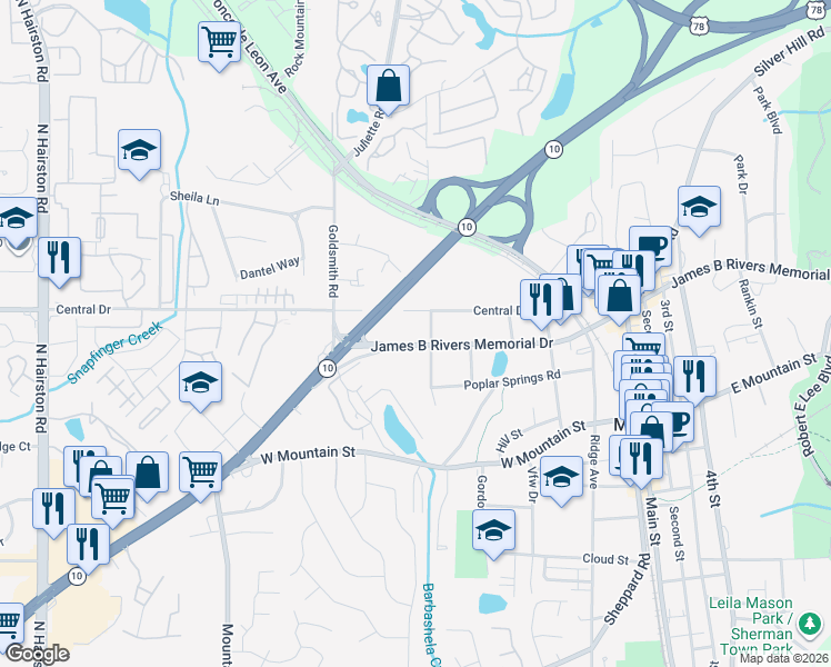 map of restaurants, bars, coffee shops, grocery stores, and more near 6434 Memorial Drive in Decatur