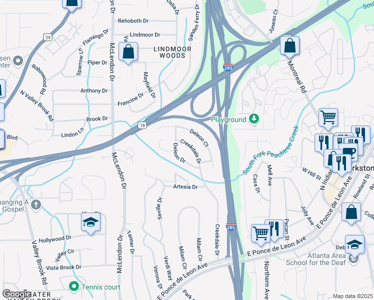 map of restaurants, bars, coffee shops, grocery stores, and more near 1118 Creekdale Drive in Clarkston
