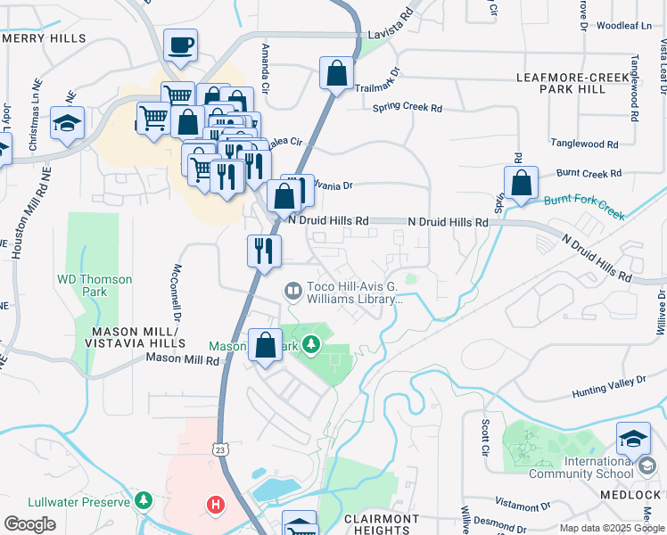 map of restaurants, bars, coffee shops, grocery stores, and more near 2066 Patterson Park Road in Decatur