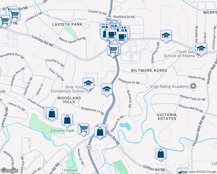 map of restaurants, bars, coffee shops, grocery stores, and more near 1273 Euclade Court Northeast in Atlanta