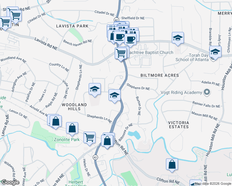 map of restaurants, bars, coffee shops, grocery stores, and more near 1273 Euclade Court Northeast in Atlanta