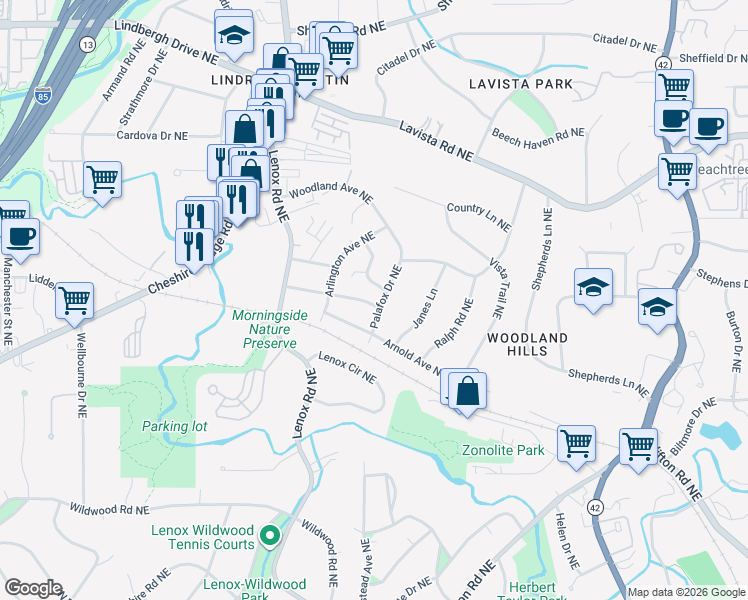 map of restaurants, bars, coffee shops, grocery stores, and more near 1118 Arlington Parkway Northeast in Atlanta