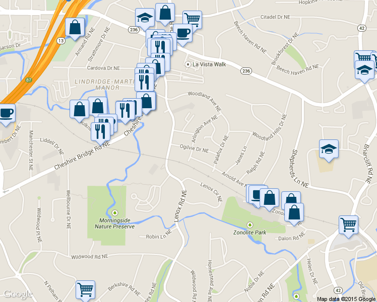 map of restaurants, bars, coffee shops, grocery stores, and more near 2087 Arlington Avenue Northeast in Atlanta