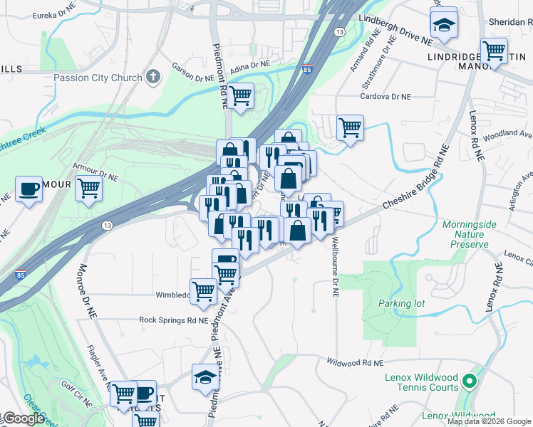 map of restaurants, bars, coffee shops, grocery stores, and more near 580 Bismark Road Northeast in Atlanta