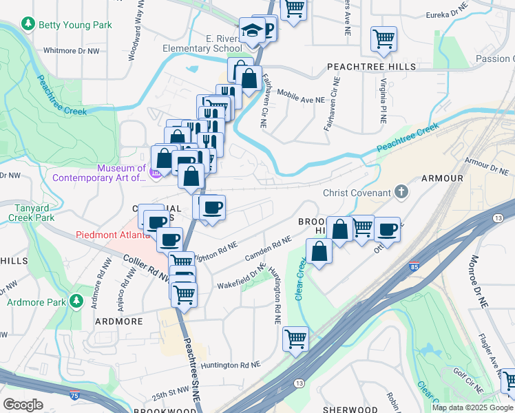 map of restaurants, bars, coffee shops, grocery stores, and more near 40 Peachtree Valley Road Northeast in Atlanta