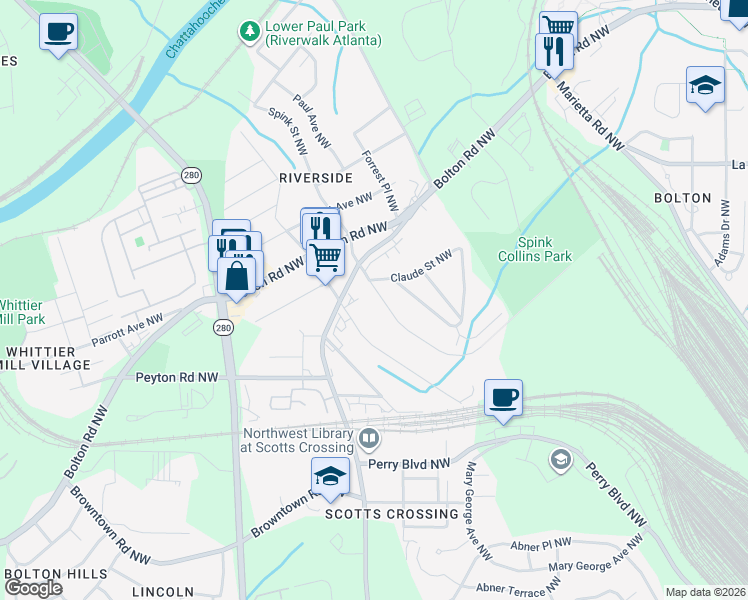 map of restaurants, bars, coffee shops, grocery stores, and more near 2034 Spink Street Northwest in Atlanta