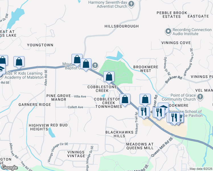 map of restaurants, bars, coffee shops, grocery stores, and more near 5912 Cobblestone Creek Circle in Mableton