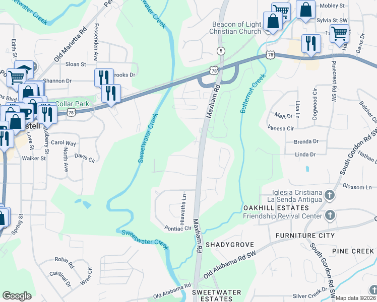 map of restaurants, bars, coffee shops, grocery stores, and more near 2274 Salt Springs Place in Mableton
