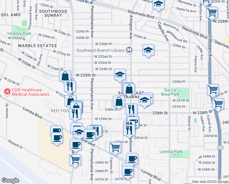 map of restaurants, bars, coffee shops, grocery stores, and more near 2265 West 236th Place in Torrance