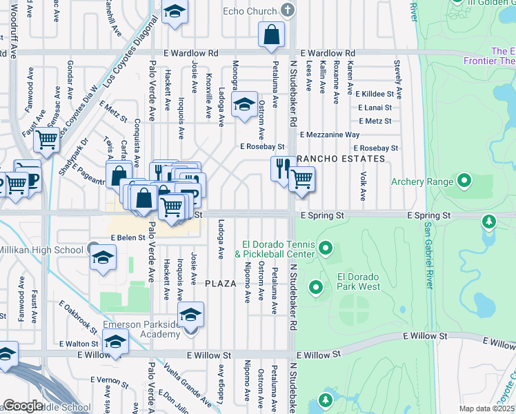 map of restaurants, bars, coffee shops, grocery stores, and more near 3026 Ostrom Avenue in Long Beach