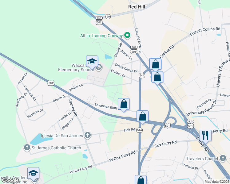 map of restaurants, bars, coffee shops, grocery stores, and more near 294 Amber Lane in Conway