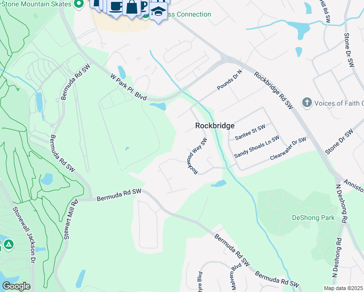 map of restaurants, bars, coffee shops, grocery stores, and more near 5392 Rockwood Court Southwest in Stone Mountain