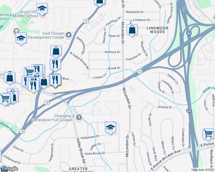 map of restaurants, bars, coffee shops, grocery stores, and more near Stone Mountain Freeway in Decatur