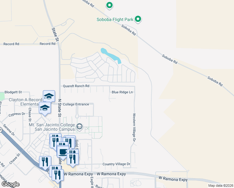 map of restaurants, bars, coffee shops, grocery stores, and more near 328 Blue Ridge Lane in San Jacinto