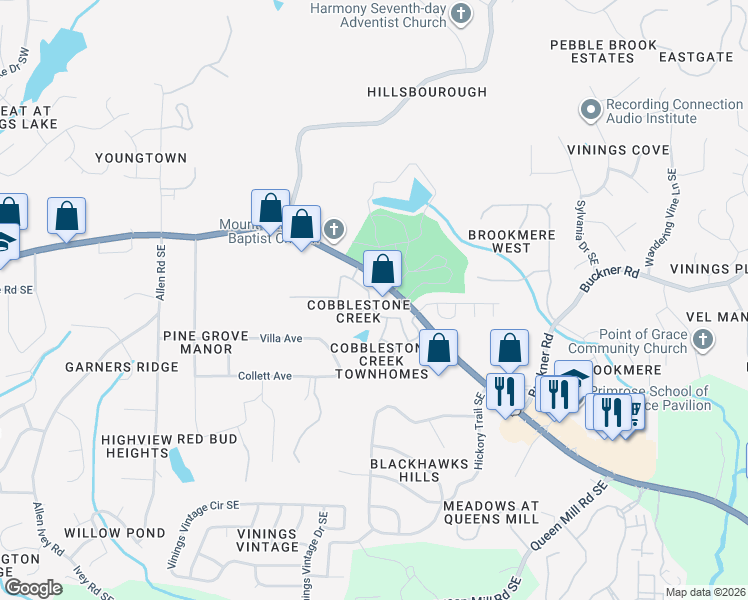 map of restaurants, bars, coffee shops, grocery stores, and more near 5912 Cobblestone Creek Circle in Mableton