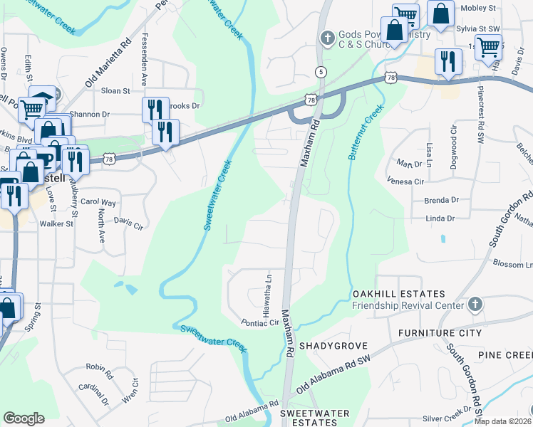 map of restaurants, bars, coffee shops, grocery stores, and more near 2290 Salt Springs Place in Austell