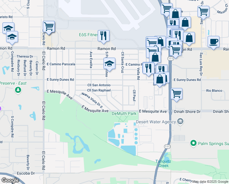 map of restaurants, bars, coffee shops, grocery stores, and more near 4193 Calle San Raphael in Palm Springs